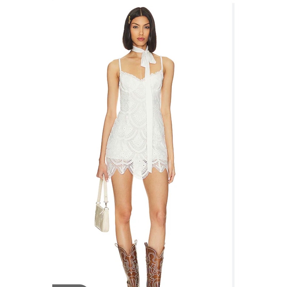 For Love & Lemons White Eyelet Lace Sandra Mini Dress Scalloped Hem Size L